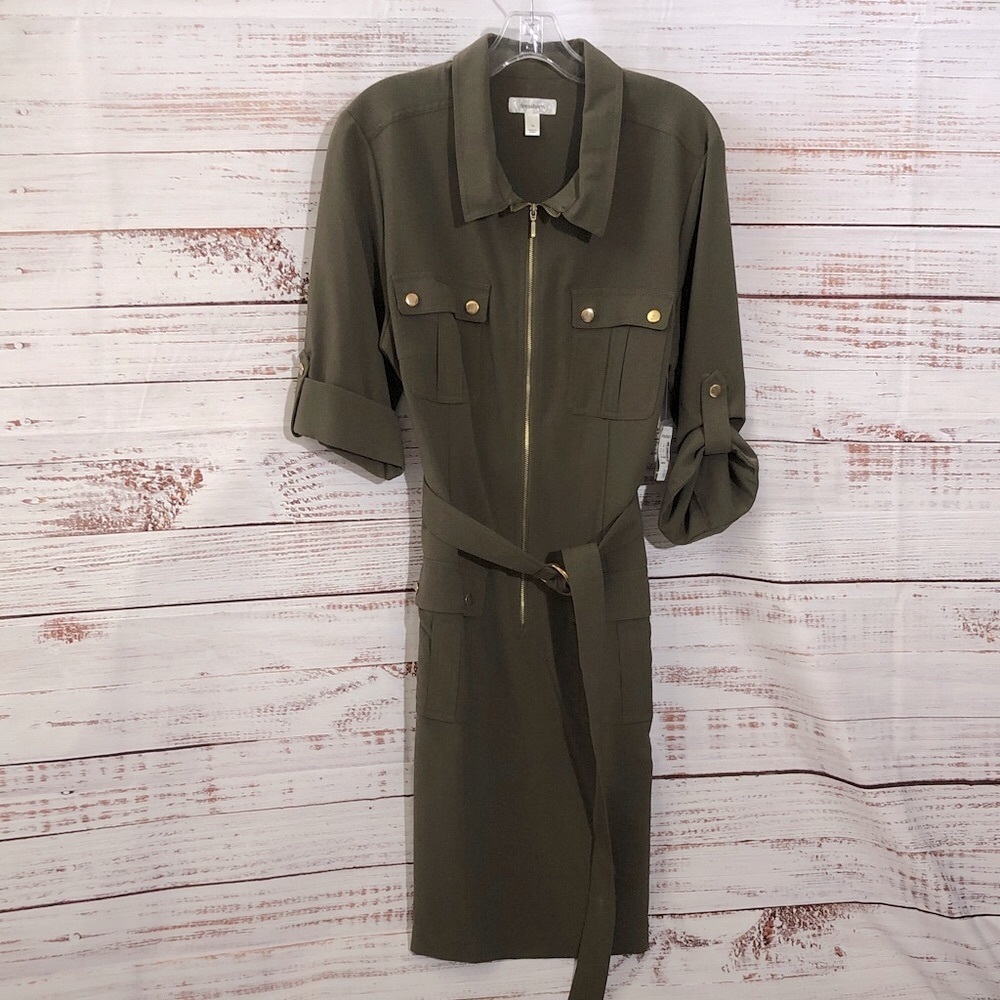 Dressbarn Olive Green & Gold Dress with Belt NWT size 16